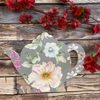 Grey Floral Printed Kettle Design Wooden Platter